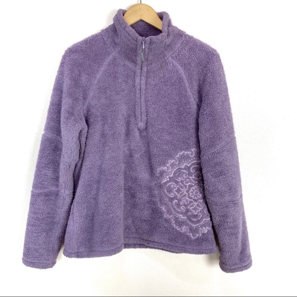 Athleta Sherpa Jacket Fleece 1/4 Zip Pullover Purple Embroidered Womens Sz Large
